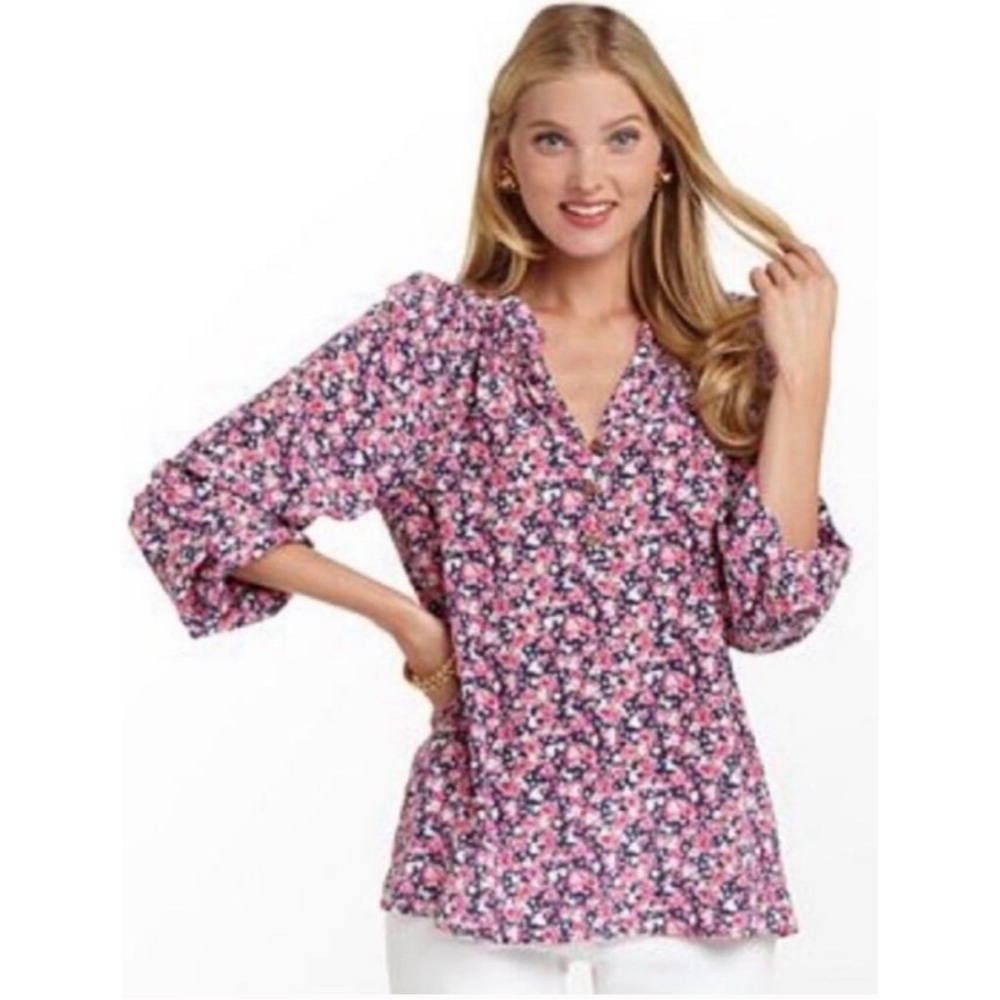 Lilly Pulitzer Elsa Candy Hearts Print Silk Blouse Pink Navy S